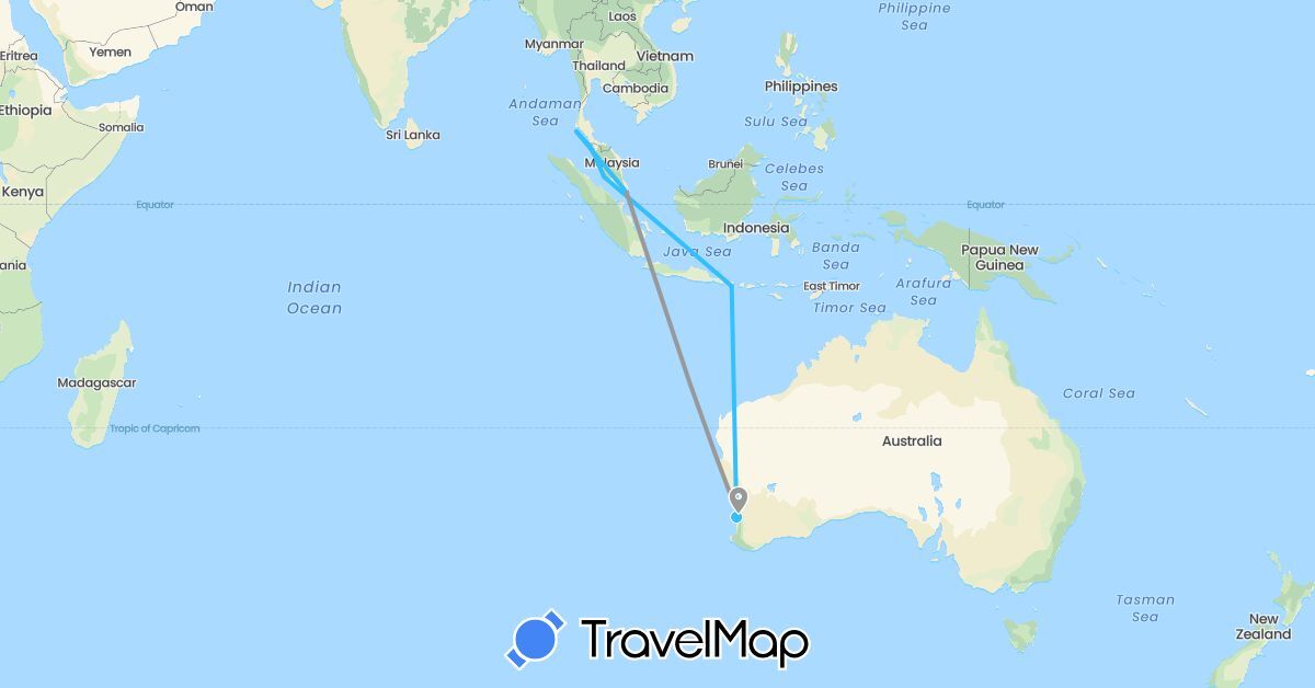 TravelMap itinerary: driving, plane, boat in Australia, Indonesia, Malaysia, Singapore, Thailand (Asia, Oceania)